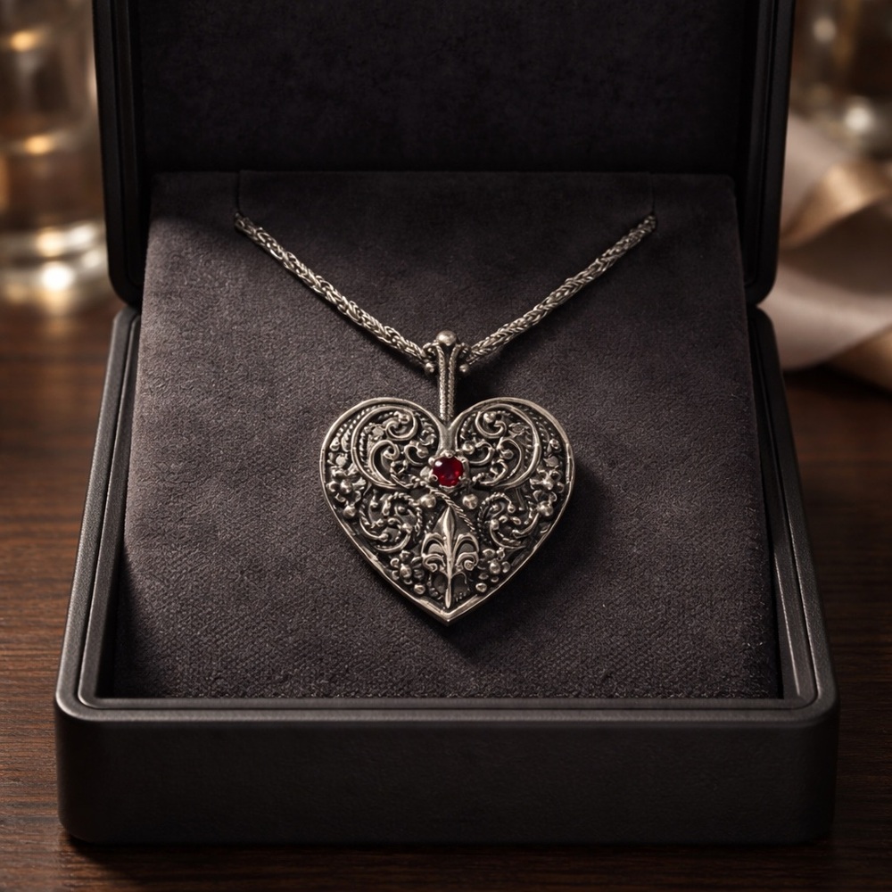 Vintage Franklin Mint Genuine Ruby 925 Filigree Heart Pendant Necklace